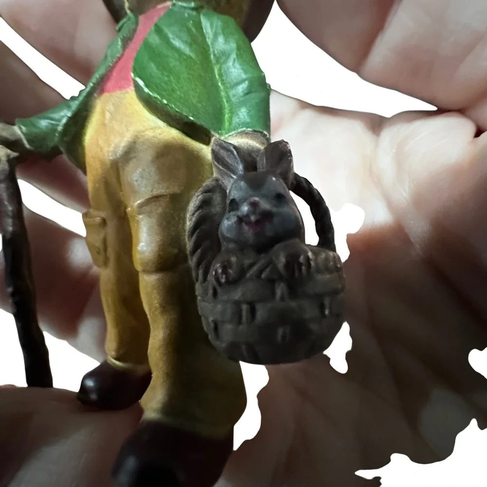 Vintage Hong‎ Kong Boy Figurine Ornament Hiker with Bunny Basket Walking Stick